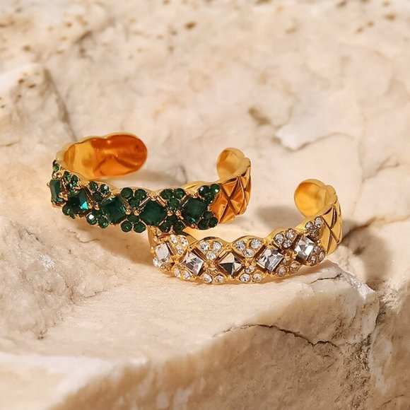 Green Zircon Lattice Texture Flower Ring 18K Gold Adjustable‎ - Picture 6 of 7